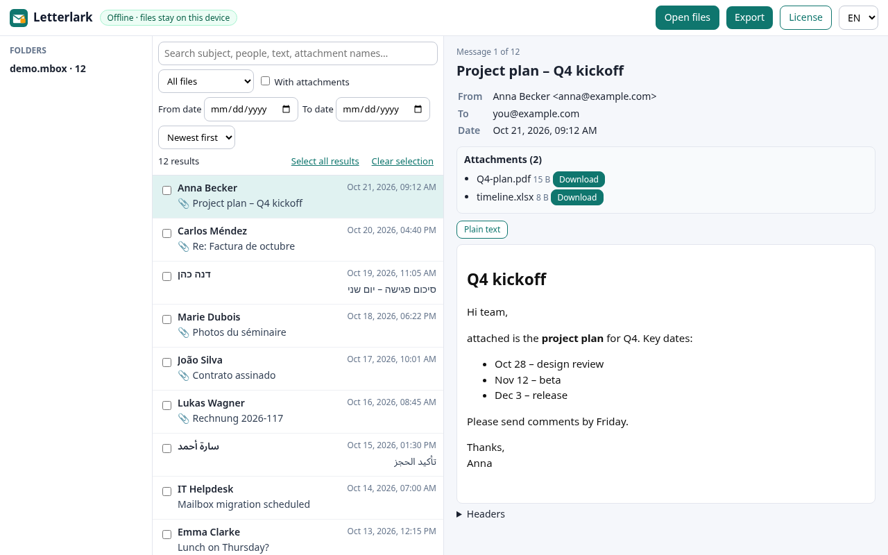 Letterlark showing an Outlook PST mailbox: folder list, message list and an open message