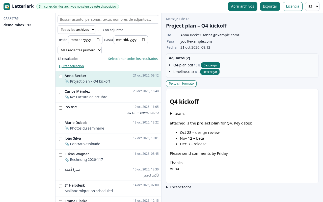 Letterlark mostrando un buzón PST de Outlook: lista de carpetas, lista de mensajes y un mensaje abierto