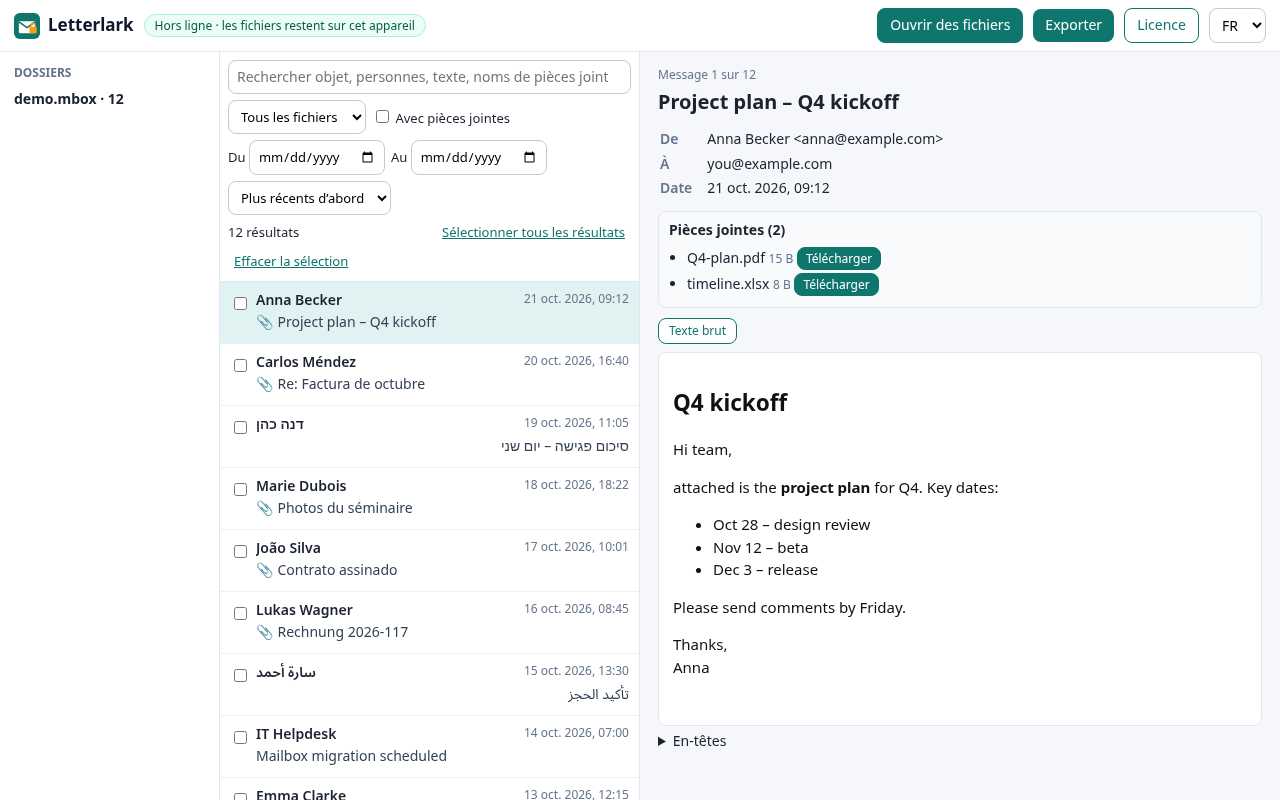 Letterlark affichant une boîte aux lettres PST d’Outlook : liste des dossiers, liste des messages et un message ouvert