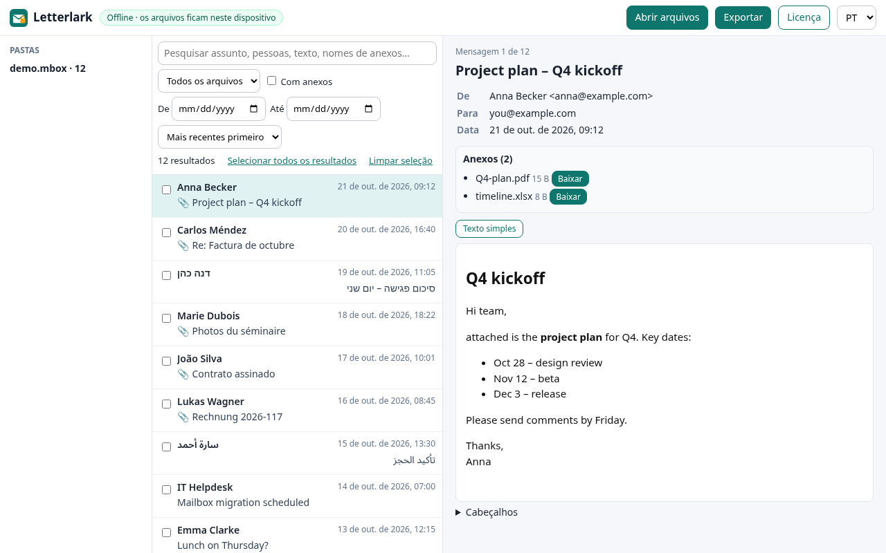 Letterlark exibindo uma caixa de correio PST do Outlook: lista de pastas, lista de mensagens e uma mensagem aberta